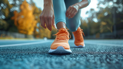 running track. The woman runner stretches her leg muscles by touching his shoes and looking away., woman jogger warming up - obrazy, fototapety, plakaty