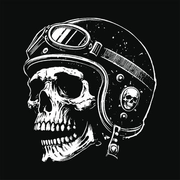 Dark Art Skull Rider with Helmet Motorcycle Biker Grunge Vintage Tattoo illustration Black White