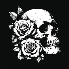 Dark Art Skull Roses Flower Death Horror Grunge Vintage Tattoo illustration Black White