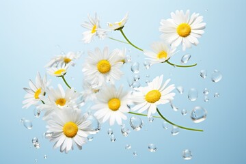 White daisies flying in the blue sky. Pastel background