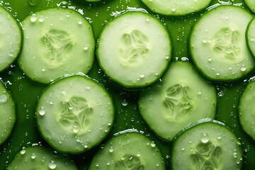 Sliced cucumber with water drops, top view