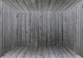 Dark gray old wood boarded empty square space with no windows. - obrazy, fototapety, plakaty