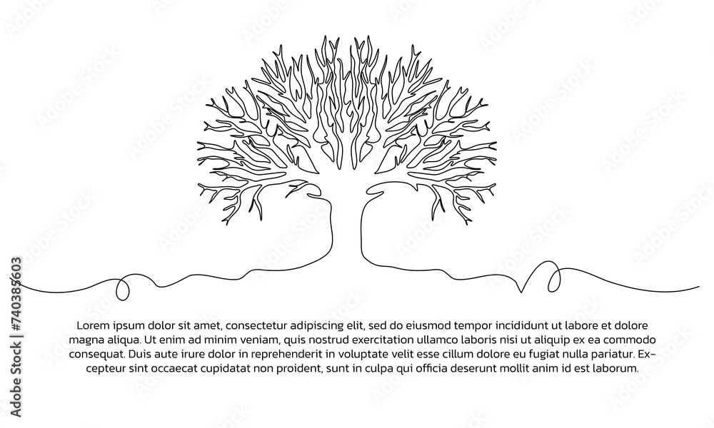 Poster one line tree poster drawing with frame. abstract minimal continuous line wall decor.