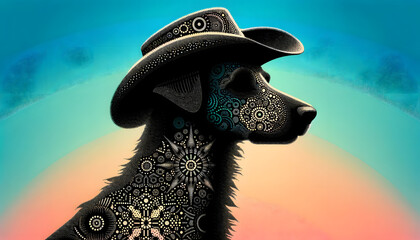 Dog silhouette clipart set against a hex color background