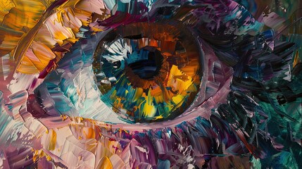 Fluorite Oil Painting" Multicolored Abstract Image of an Eye Brightly colored oil paintings Abstract enclosure of oil painting and oil knife on canvas. AI in the eyes has the shape of a world.