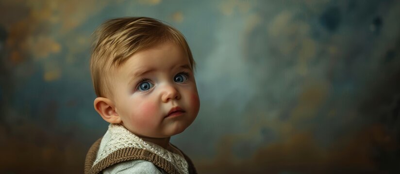 A toddler is standing in front of a painting, looking at the camera with curiosity. Their nose, cheek, eye, eyelash, ear, jaw, and human body are visible. The babys gesture shows their fascination