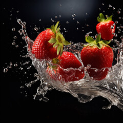Fresh red strawberries cascade into water, creating a mesmerizing splash as they hit the surface, momentarily sending droplets into the air. Generative AI.