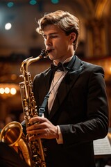 Obraz premium A young man is playing saxophone with an orchestra on a stage of a beautiful theater