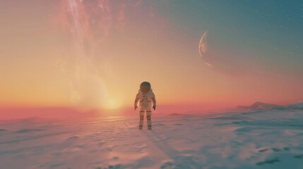 A vast expanse of nothingness around an astronaut the scenes minimalism accentuated by the elegance of distant colorful nebulae