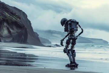 A robotic entity taking a leisurely stroll on an otherworldly beach - obrazy, fototapety, plakaty