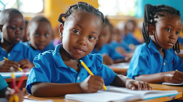 Primary school children in blue uniform in the classroom writing in their books