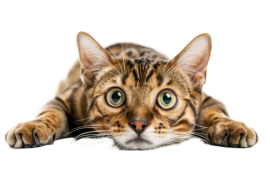 Bengal cat flat on it's stomach looking at the camera, isolated on transparent background.