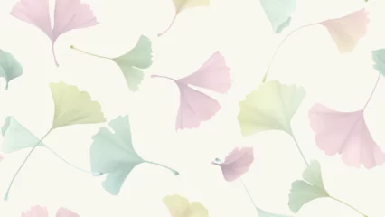 Fototapeten Seamless pattern, colorful pastel ginkgo leaves on yellow background © momosama