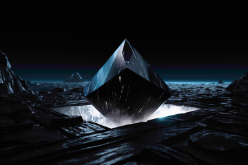 A monolithic, glowing crystal rising from a pool of liquid darkness. The play of light on the crystal's facets creates an illusion of movement, adding a touch of dynamic energy to the 3D mockup.