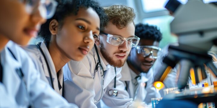 Medical research and education. Group of multiracial medical students in a laboratory with interested expressions