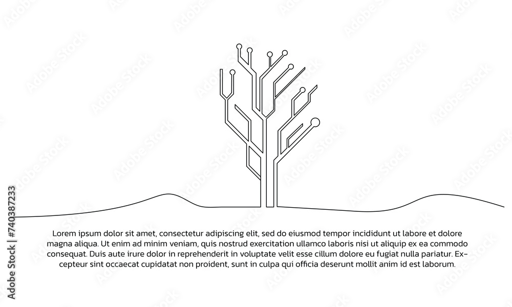 Poster one line digital tree technology poster drawing with frame. abstract minimal continuous line wall de