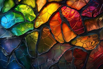 Beautiful Background with Various colors and Shapes in the Style of Cellular Formations Stained Glass Effect - Luminous Color Palette Neon Striated Resin Veins created with Generative AI Technology