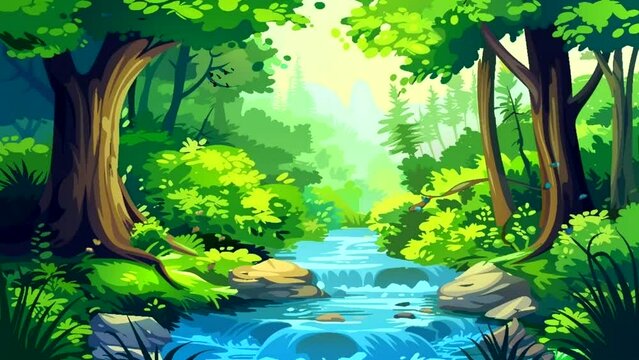 Natural beauty in a fantasy forest with flowing rivers and lush green tree. Seamless looping 4k time-lapse 4k video animation background