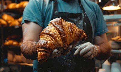 Baker holding a fresh croissant, close up shot - obrazy, fototapety, plakaty