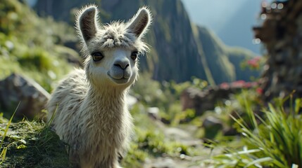 Llama (Alpaca) in Andes,Mountains. Created with Generative AI.