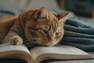 Ginger cat sitting and reading book. Generative AI.