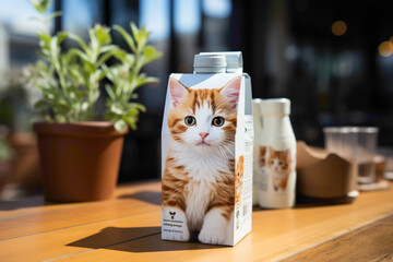 A small and cute disposable milk carton with a friendly cow illustration on a kitchen counter
