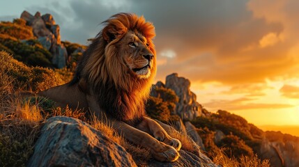 Lion at sunset. Created with generative AI. - obrazy, fototapety, plakaty