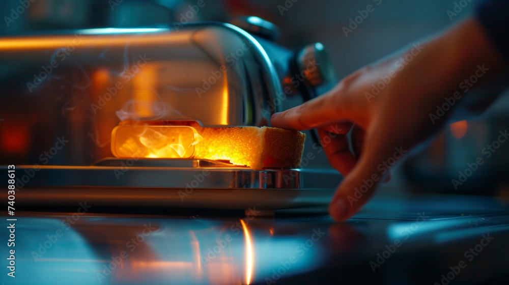 Aufkleber a hand pressing down on the lever of a toaster with a small indicator light turning on.