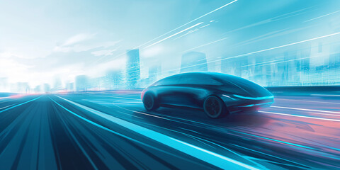 Fototapeta premium concept sketch of futuristic vehicles on highway with full self driving system activated for transportation autonomy concepts as wide banner with copy space
