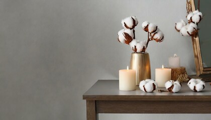 Fototapeta na wymiar white vase with flowers, Stylish table with cotton flowers and aroma candles near light wall.