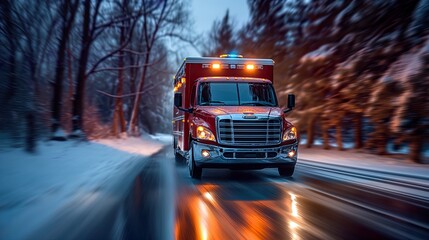 Fast-moving red ambulance with siren lights, winter urgency, healthcare delivery, snow-covered trees, speed effect