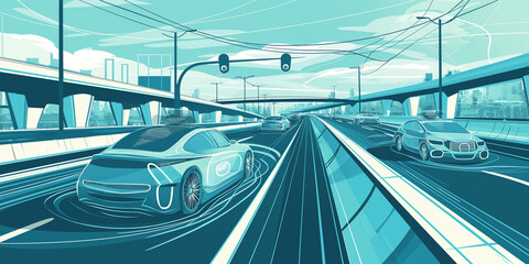 concept sketch of futuristic vehicles on highway with full self driving system activated for transportation autonomy concepts as wide banner with copy space