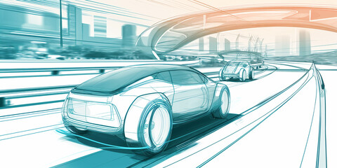 concept sketch of futuristic vehicles on highway with full self driving system activated for transportation autonomy concepts as wide banner with copy space