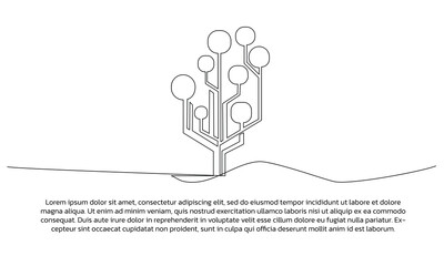 One line digital tree technology poster drawing with frame. Abstract minimal continuous line wall decor.