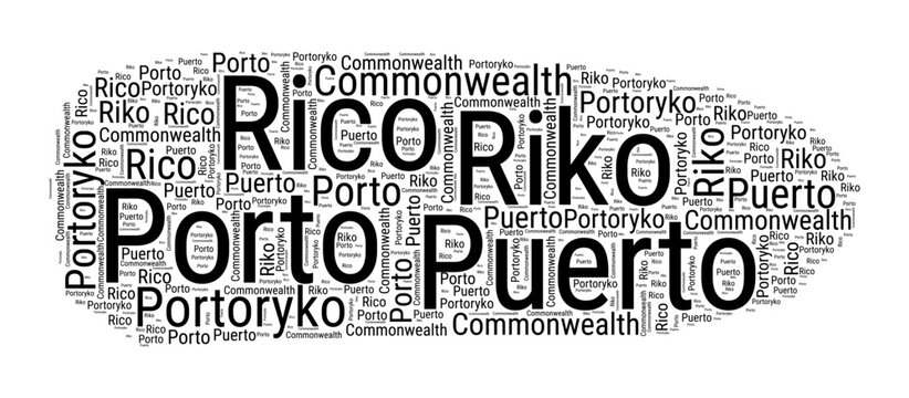 Black and white word cloud in Puerto Rico shape. Simple typography style country illustration. Plain Puerto Rico black text cloud on white background. Vector illustration.