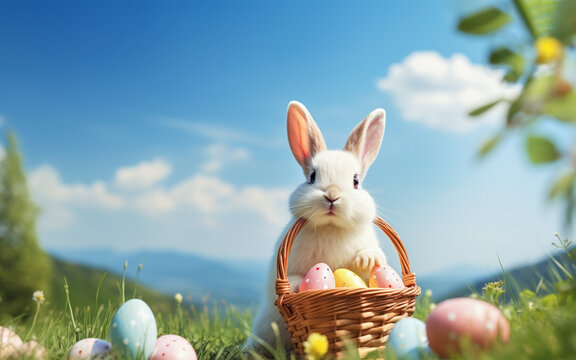White bunny with a basket of colorful painted eggs. Easter and new life concept.