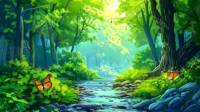 Natural beauty in a fantasy forest with flowing rivers and lush green tree. Seamless looping 4k time-lapse 4k video animation background