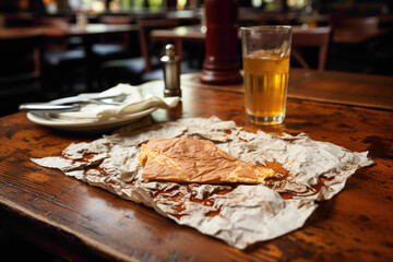 A torn and discarded napkin on a restaurant table
