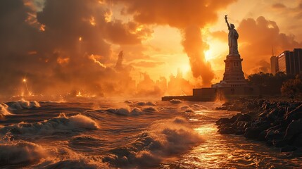 The End of the World Apocalyptic, destroyed new york, epic scene. Created with Generative AI.
