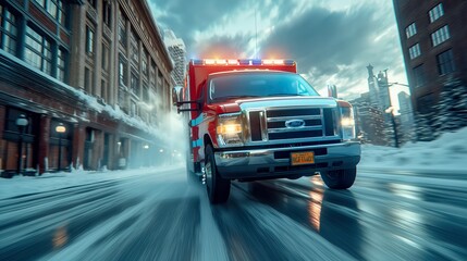 Blue emergency vehicle traversing icy roads, city lights streaking, urgent winter medical response, dusk atmosphere - obrazy, fototapety, plakaty