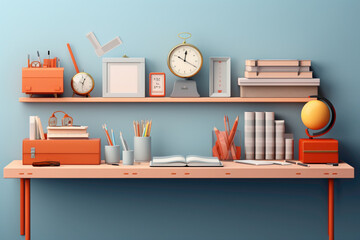 A visually appealing 3D composition featuring the finest school materials organized on a sleek, minimalistic desk with ample copy space