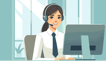 Concept of image of a woman working in a call center.  Vector illustration.