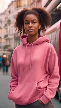 4K video clip aspect ratio 9:16.Mock Up Design of a beautiful female model wearing a pink hoodie. Suitable for designing patterns on clothing, logos, stickers or other advertisements.