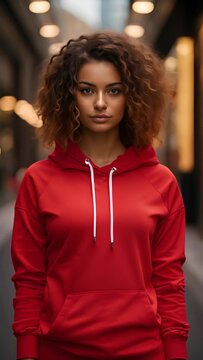 9:16 Mock Up Design of a beautiful female model wearing a  red hoodie. Suitable for designing patterns on clothing, logos, stickers or other advertisements.