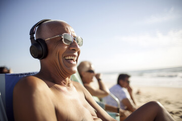 A smiling senior man takes in the sun at the beach as he smiles and laughs while listening to something enjoyable on his headphones.