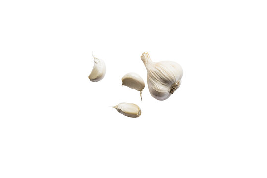 Clove of white garlic seen from above on a transparent background without shadow from above, top view, png