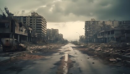 Post apocalyptic city background. Destroyed buildings, cracked road - obrazy, fototapety, plakaty