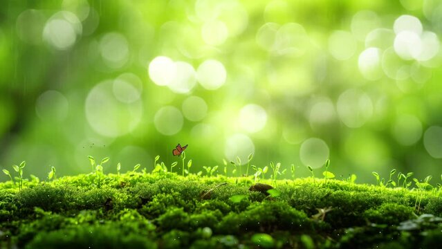 close up on moss in forest background blurred bokeh. green grass and sunlight. seamless looping overlay 4k virtual video animation background 