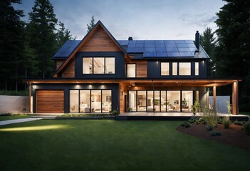 PHOTO OF A New suburban house with a photovoltaic panels