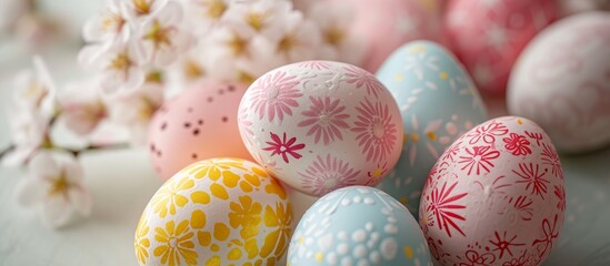 a bunch of colorful easter eggs with flowers on them on a table . High quality